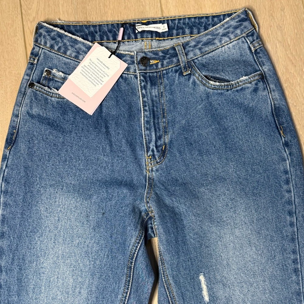Avec Les Filles Jeans bootcut distressed NWT Ripped hem & knees Split Hem Sz 27 - Picture 10 of 11